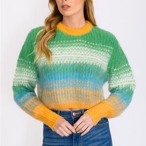 Cute Trendy LONG SLEEVES COLORBLOCK FUZZY PULLOVER CROPPED  SWEATER